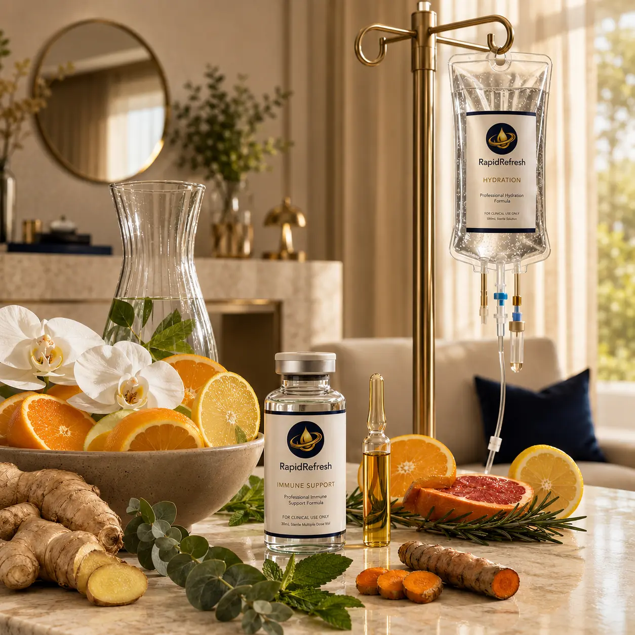 Immune-support IV hydration setup with vitamin C and wellness kit in a Houston home