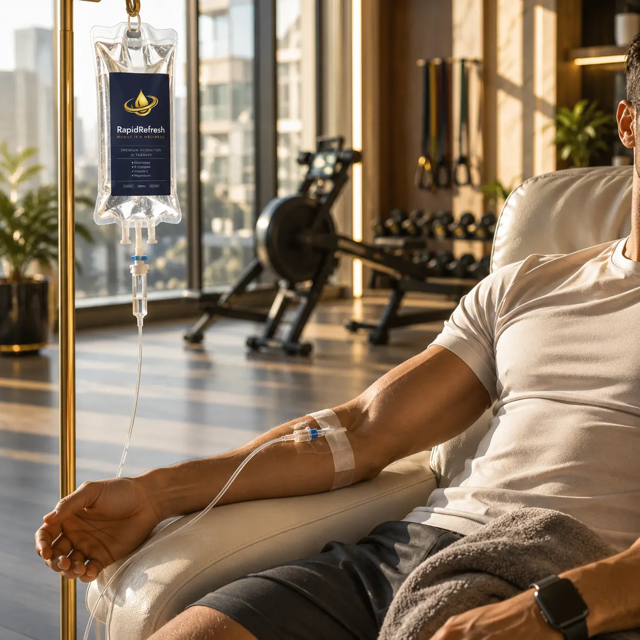Client receiving a mobile IV hydration visit in a quiet Houston space