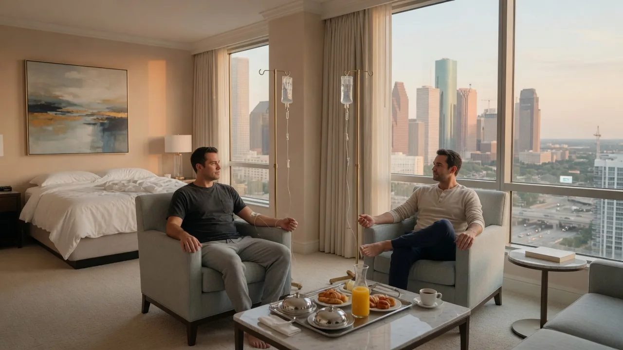 Downtown Houston hotel suite group IV Sunday morning Two adults receiving mobile IV hydration in a downtown Houston hotel suite on Sunday morning with the skyline in the window
