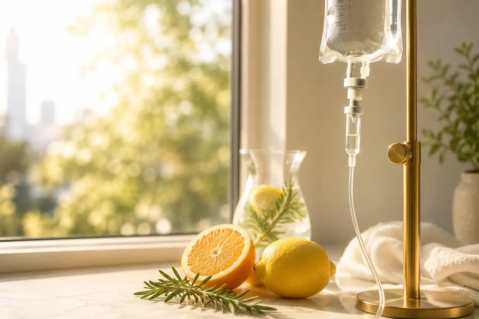 IV hydration bag and wellness kit prepared for an energy-focused mobile visit