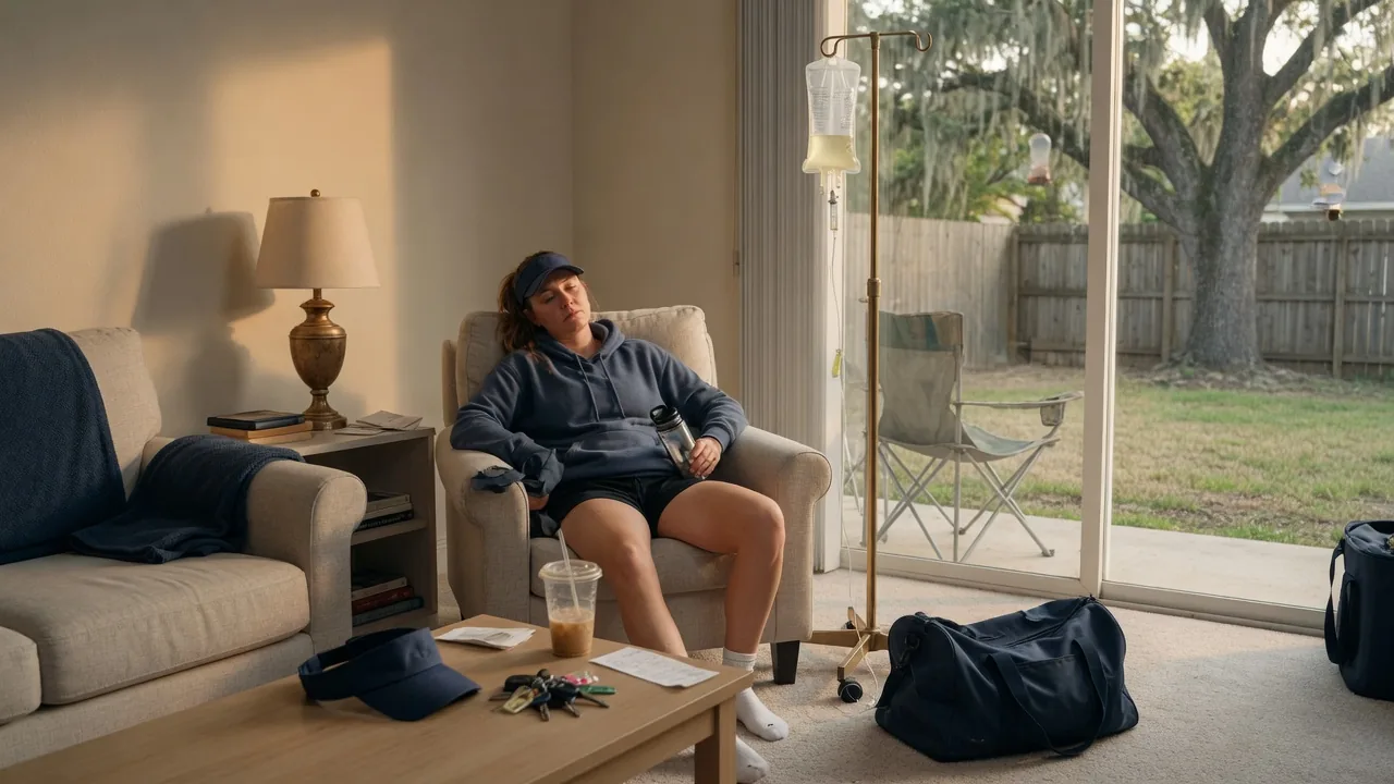 Mobile IV hydration after a Katy tournament Saturday Katy Texas parent resting in a living room with mobile IV hydration after a long youth sports Saturday