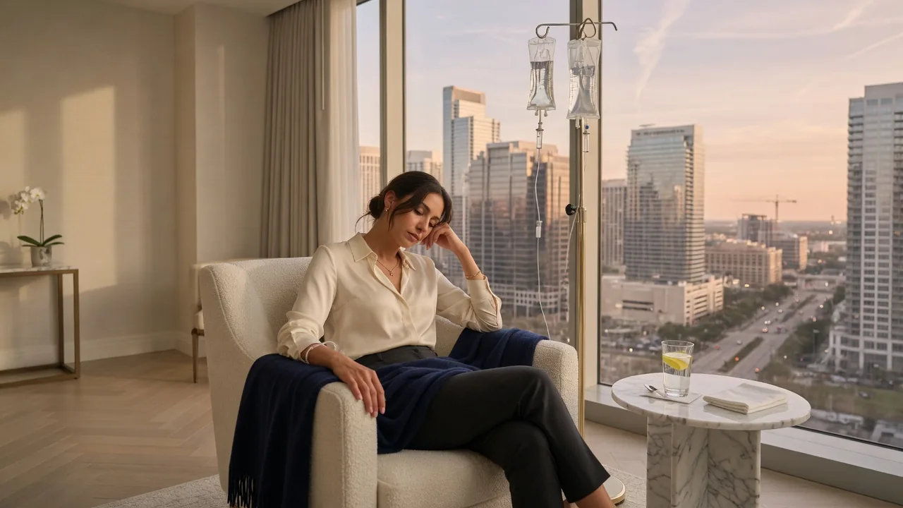 Mobile IV therapy in a Galleria hotel room Houston Guest receiving mobile IV hydration in a Houston Galleria-area hotel room with the city skyline in the window