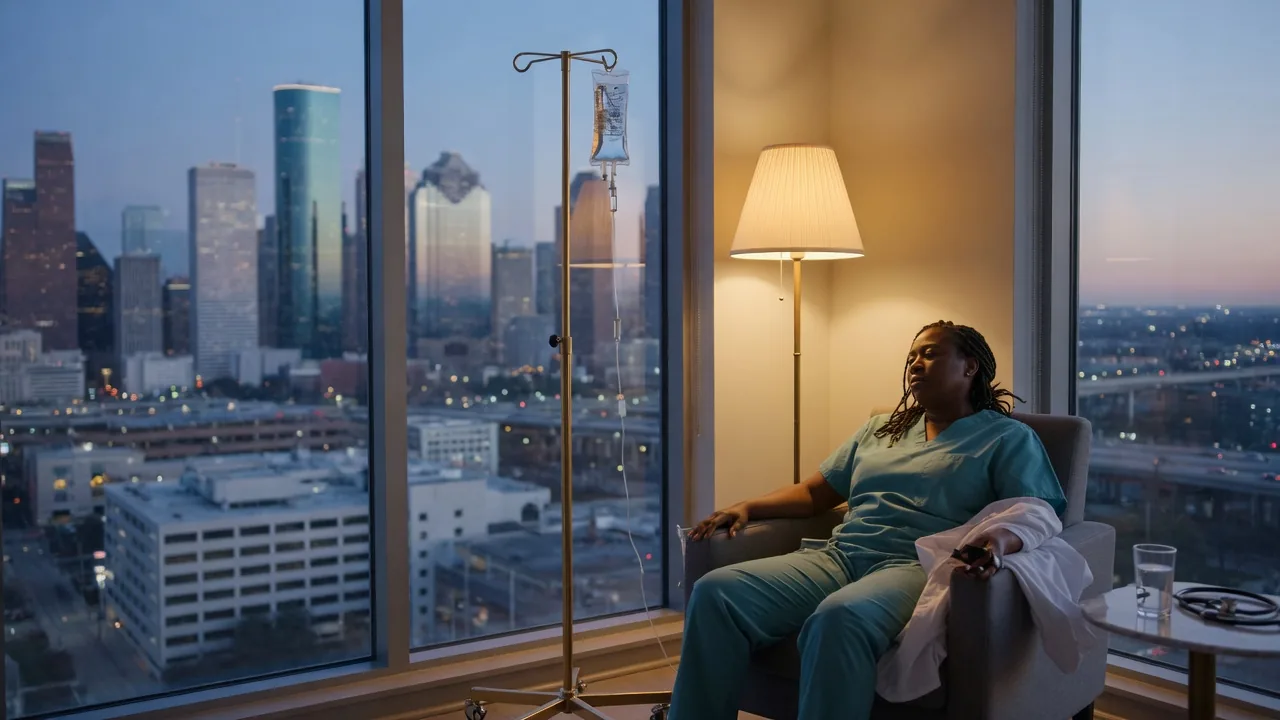 Mobile IV after a Texas Medical Center night shift in Houston Night-shift clinician resting with mobile IV hydration at dawn in an apartment overlooking the Houston skyline