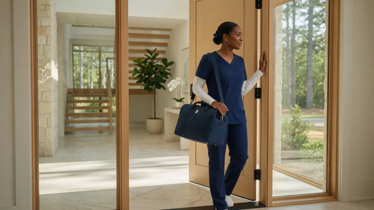At-home mobile IV nurse arrival in The Woodlands TX RapidRefresh nurse arriving with a navy kit at a glass-and-pine home in The Woodlands, Texas